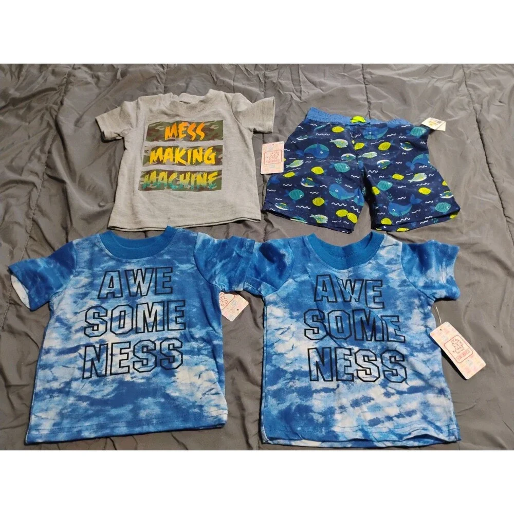 Lot Of 12 Months Boys Swiggles Tshirts And 1 Quad Seven Swim Trunk 18 Month Fish